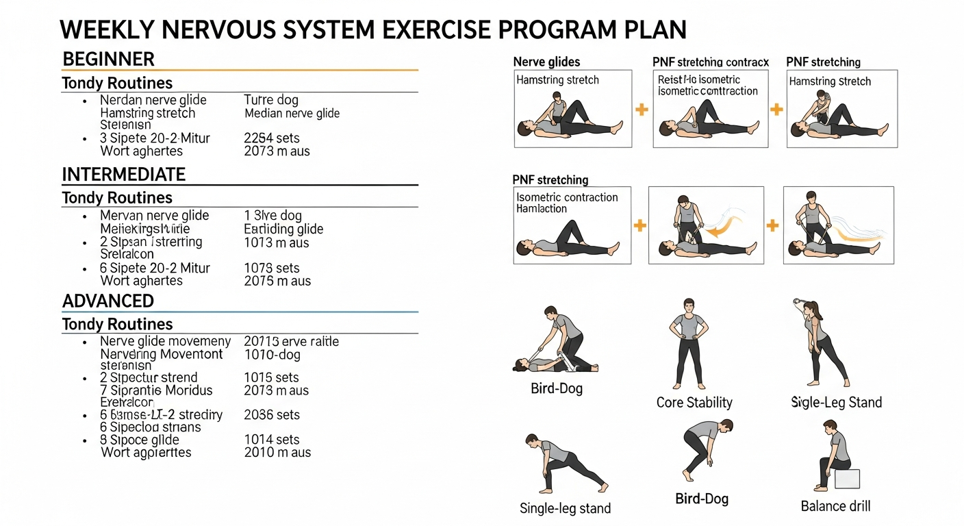 초급부터 고급까지 신경계 운동 프로그램과 PNF 스트레칭 방법을 설명하는 이미지