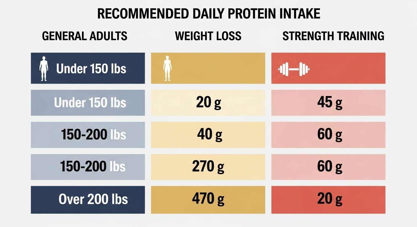 체중별 단백질 권장 섭취량을 보여주는 차트