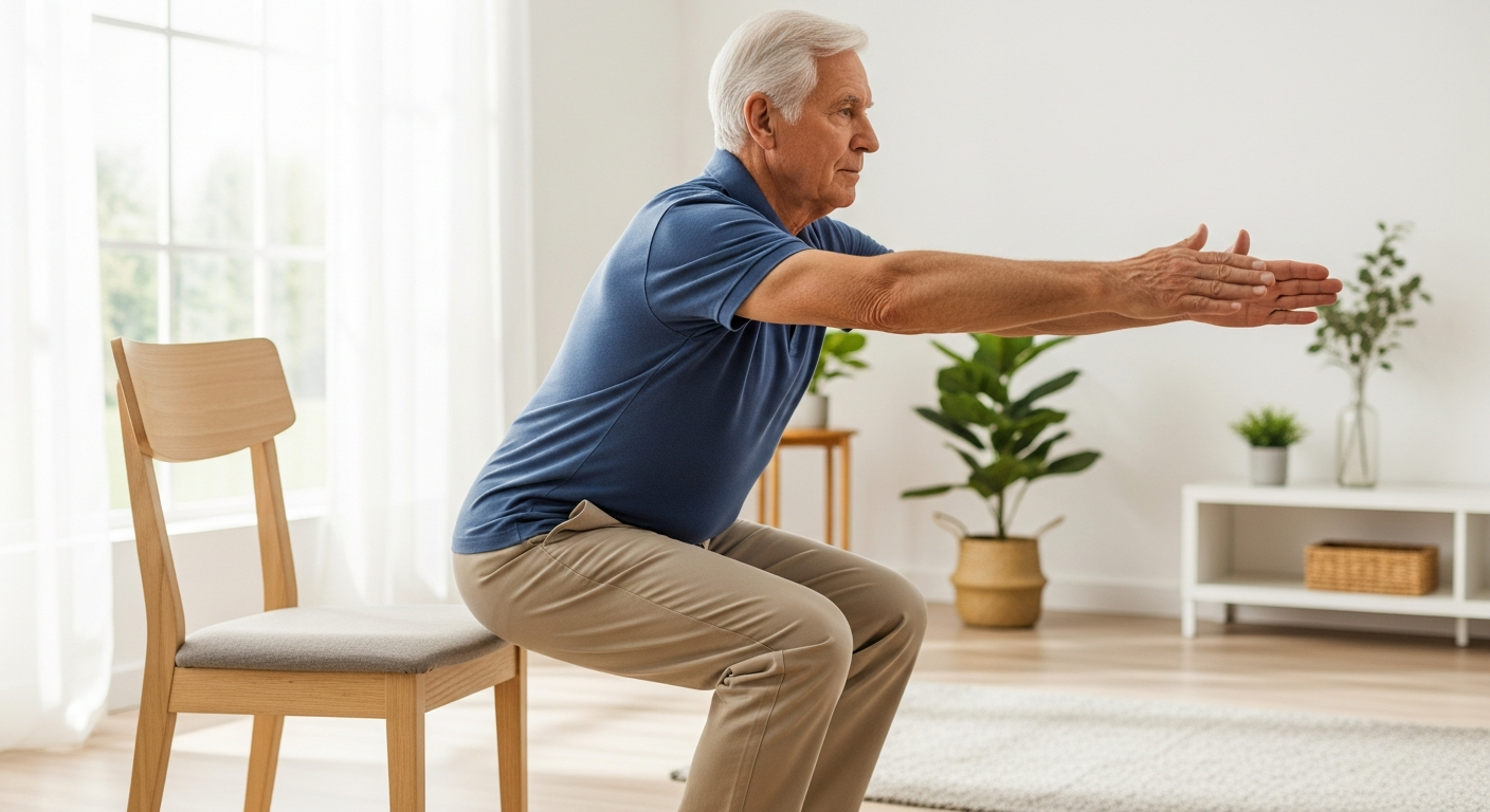 밝은 집안에서 의자 스쿼트를 하는 어르신의 올바른 자세