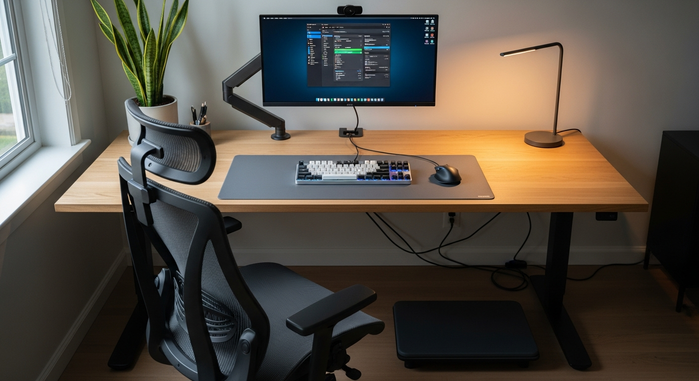 사무실에서 인체공학적으로 잘 세팅된 책상과 의자, 모니터, 키보드 위치