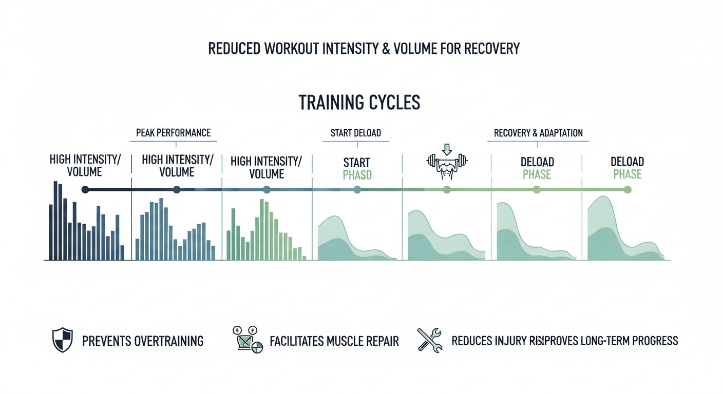 디로딩 개념과 회복을 위한 운동 강도 및 볼륨 감축을 설명하는 다이어그램 인포그래픽