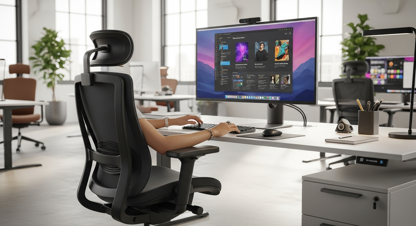 올바른 책상 세팅 방법이 적용된 사무실 책상과 모니터, 의자 모습