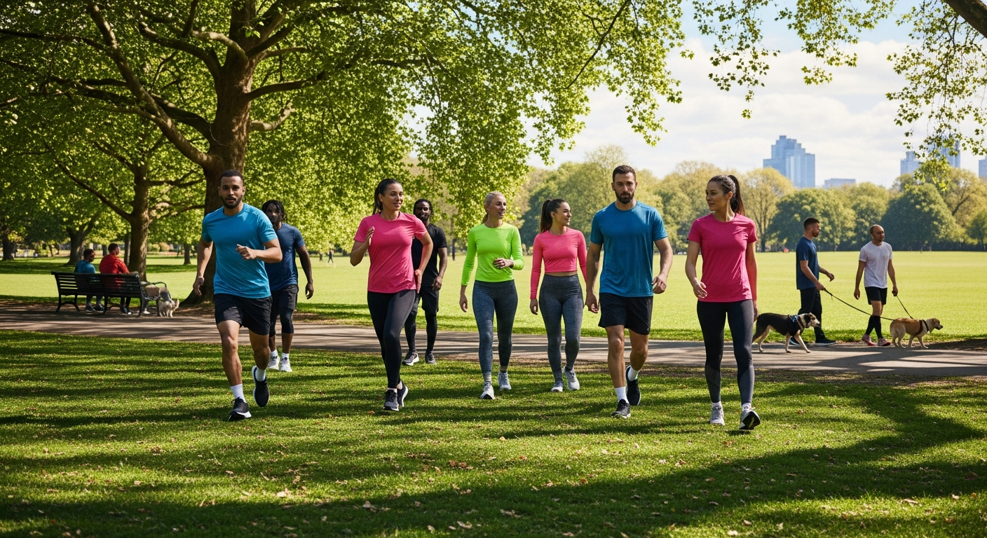 인터벌 트레이닝을 하는 다양한 사람들이 공원에서 운동하는 모습