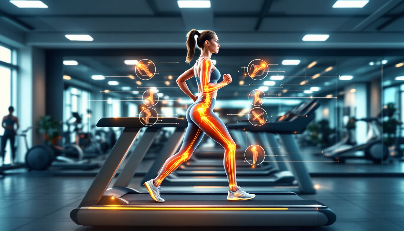 헬스장에서 러닝머신으로 준비운동을 하는 여성과 주요 관절 스트레칭 장면