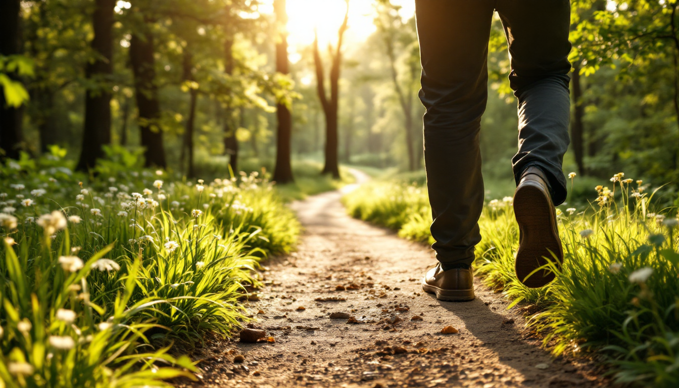 재활과 새로운 시작을 상징하는 첫걸음을 내딛는 사람의 평화롭고 희망찬 모습