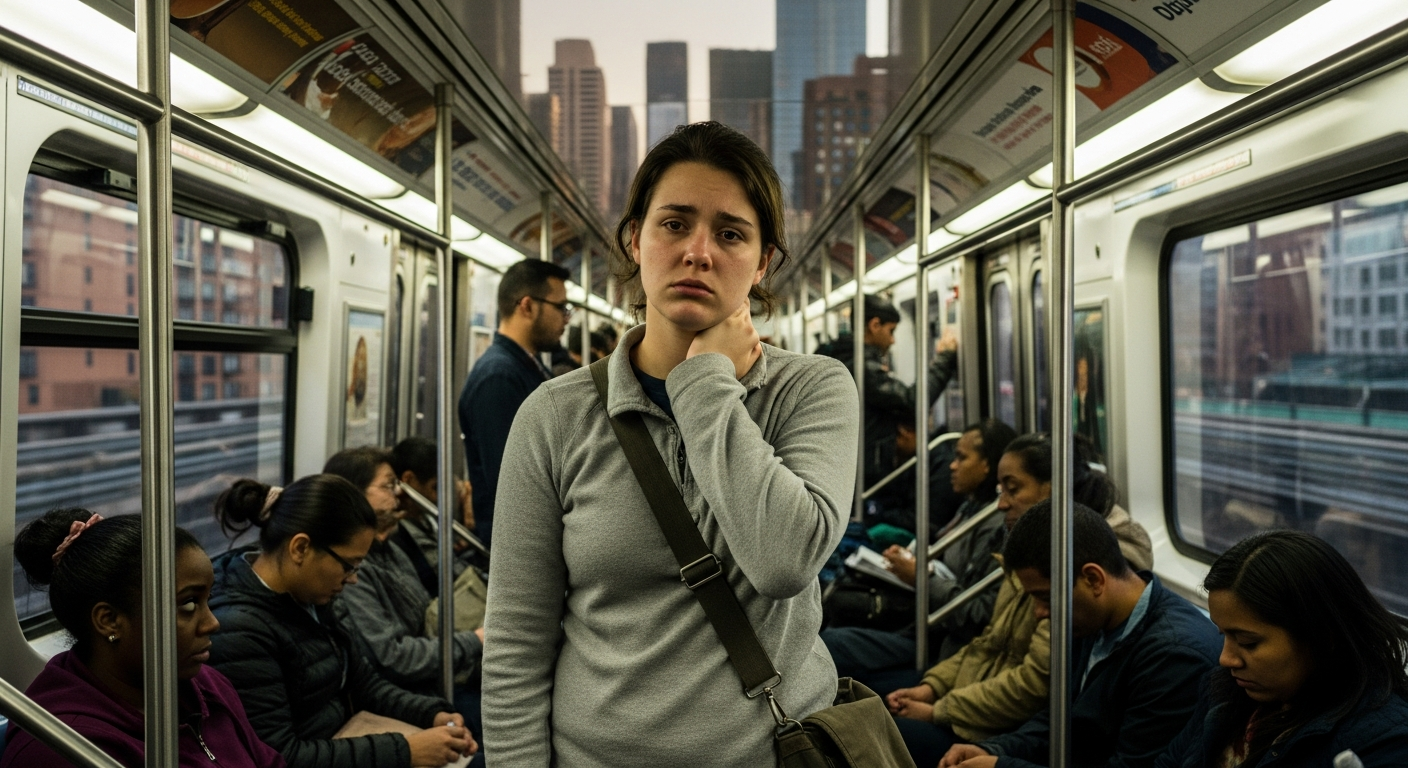 출근길 지하철에서 목을 주무르는 젊은 사람 모습