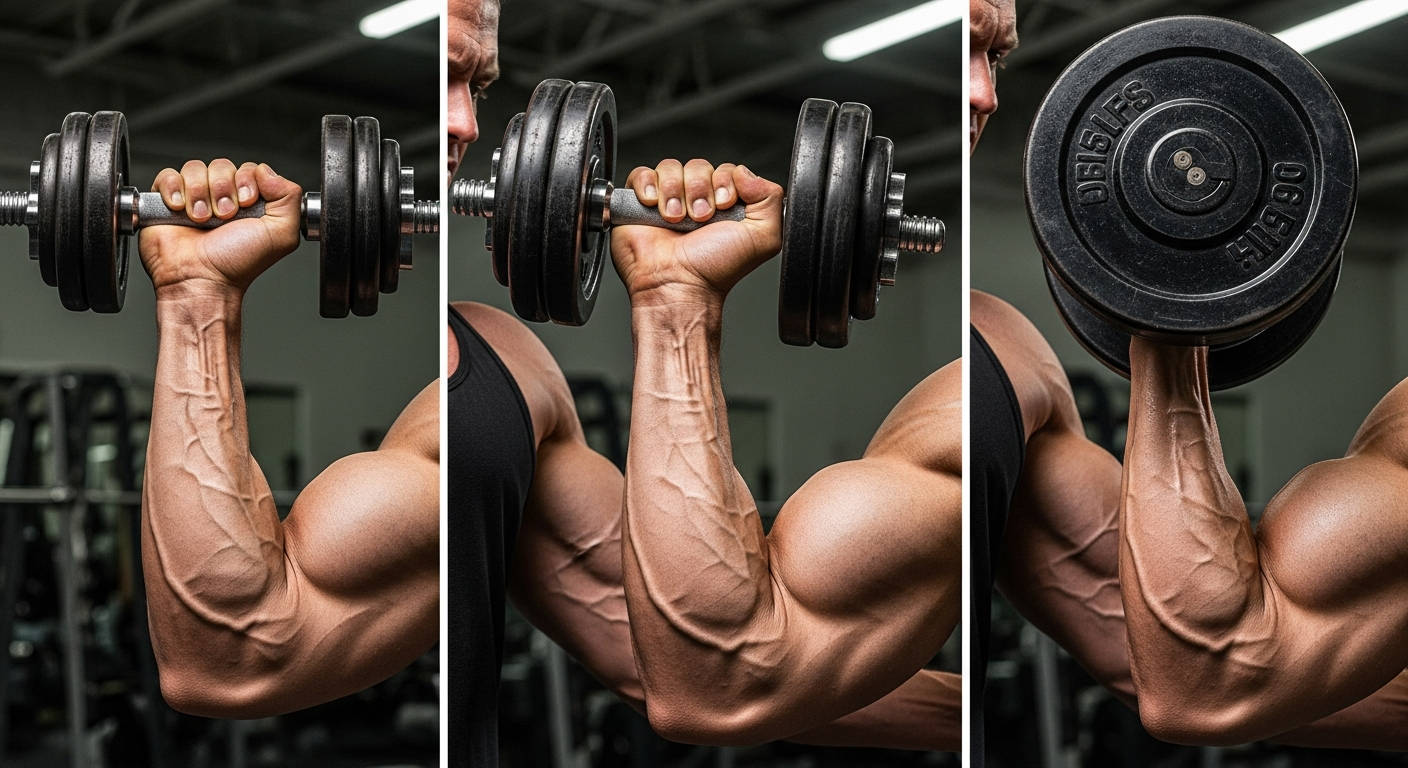 점진적 과부하 원리를 시각적으로 보여주는 점차 무게와 횟수가 증가하는 덤벨 운동 이미지