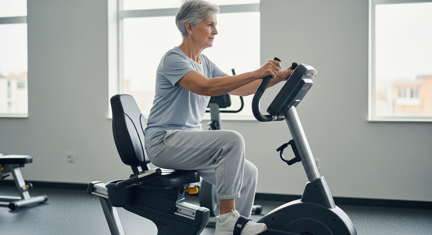 실내 자전거 타며 관절을 보호하는 어르신의 모습