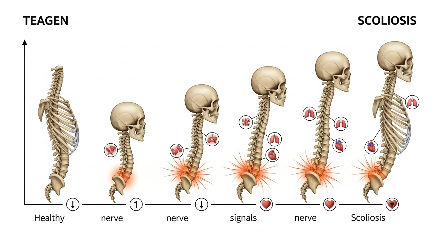 성장기 척추측만증 진행으로 척추 만곡 심해지고 심폐 기능 저하까지 유발하는 과정 이미지