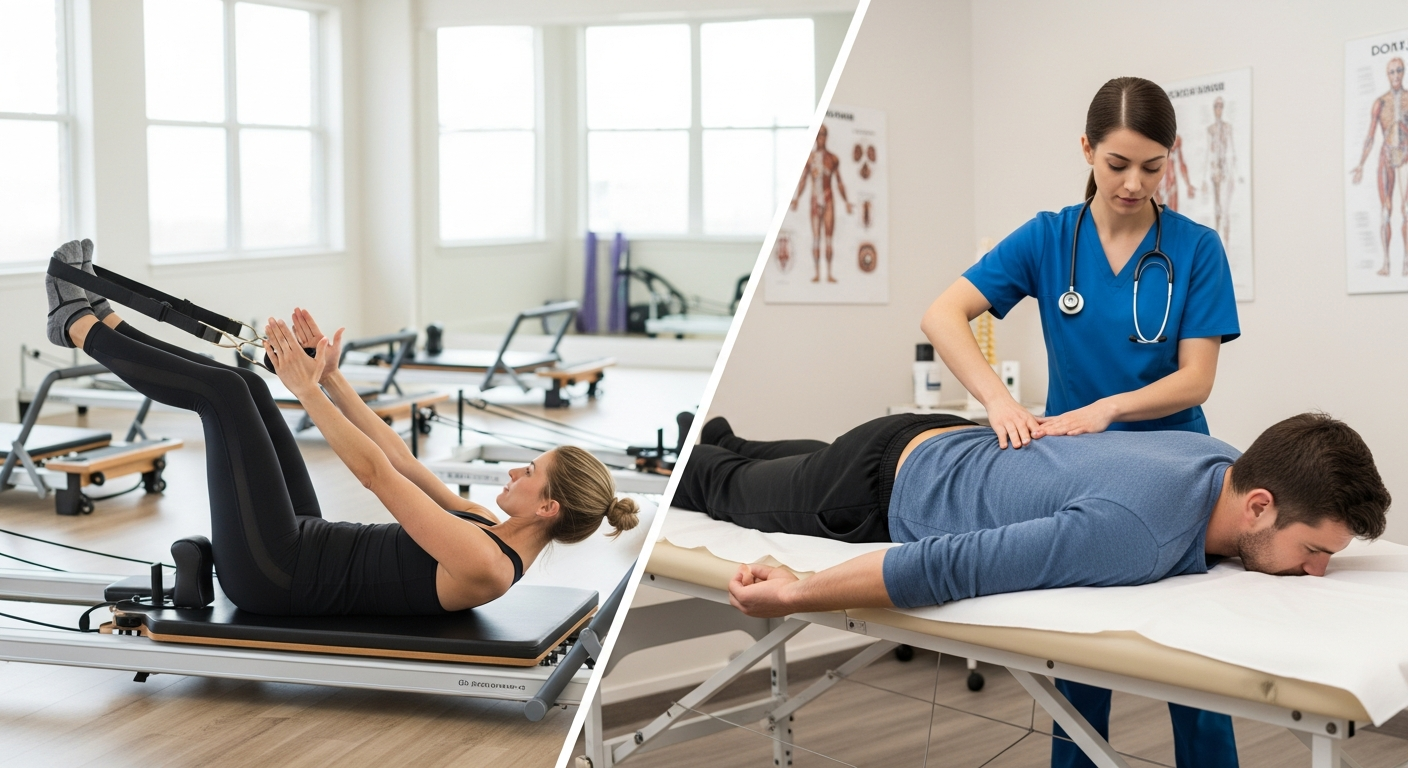 필라테스와 도수치료를 동시에 받는 모습, 각각의 특징을 보여주는 이미지