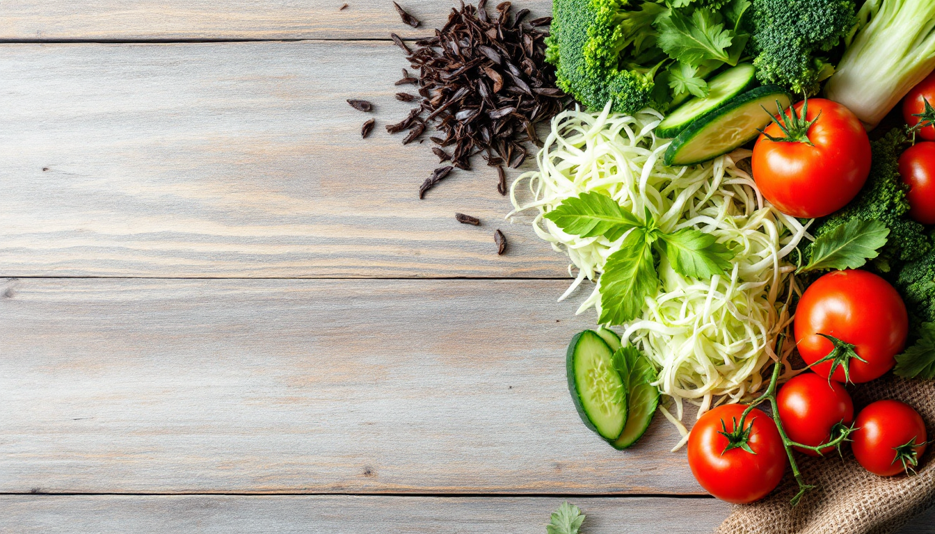 저칼로리 다이어트에 좋은 신선한 오이, 양배추, 브로콜리, 토마토, 해조류