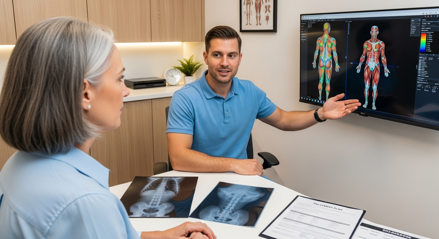 물리치료사가 환자에게 체형 분석 결과와 치료비용, 절차를 설명하는 모습