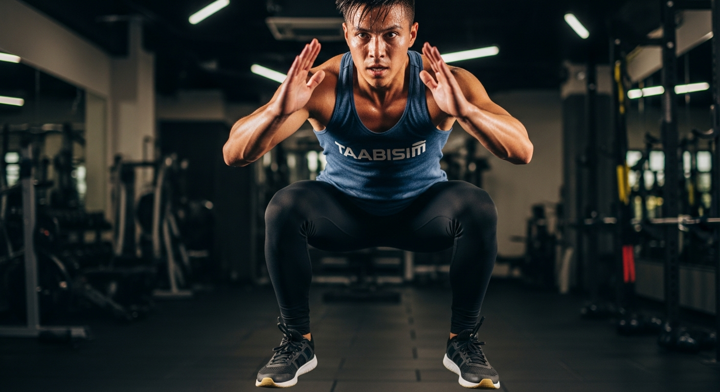 체육관에서 점핑 스쿼트나 버피 테스트를 하며 강도 높은 타바타 운동을 하는 모습