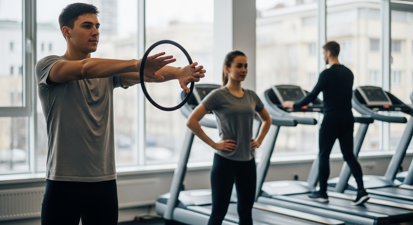 초보자가 헬스장에서 팔 돌리기, 허리 돌리기 등의 워밍업을 하는 모습