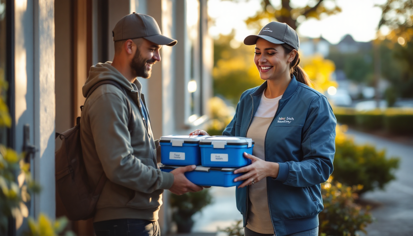 안전한 포장과 신선한 배달 서비스를 강조하는 도시락 새벽배송 장면