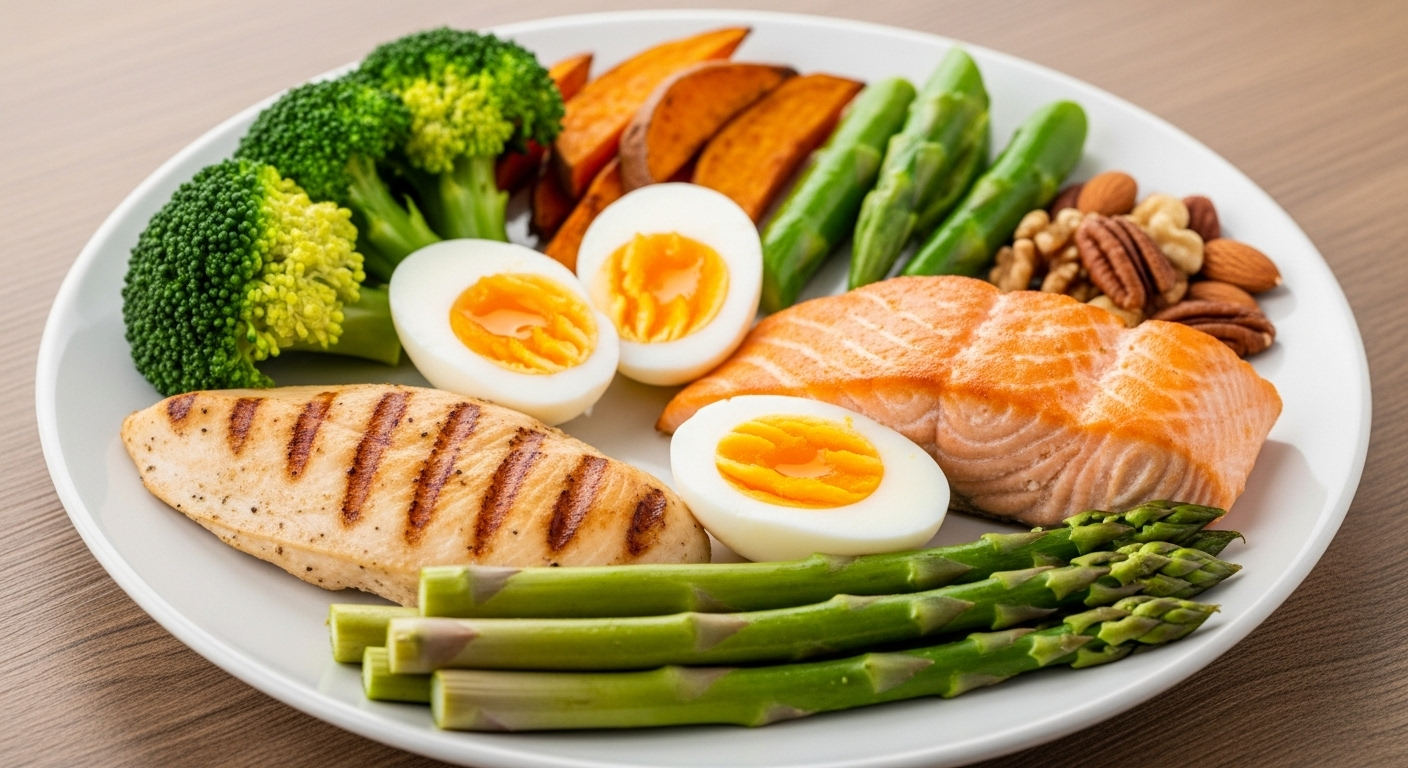 근육 성장을 위한 단백질, 탄수화물, 건강한 지방이 포함된 균형 잡힌 식단 모습
