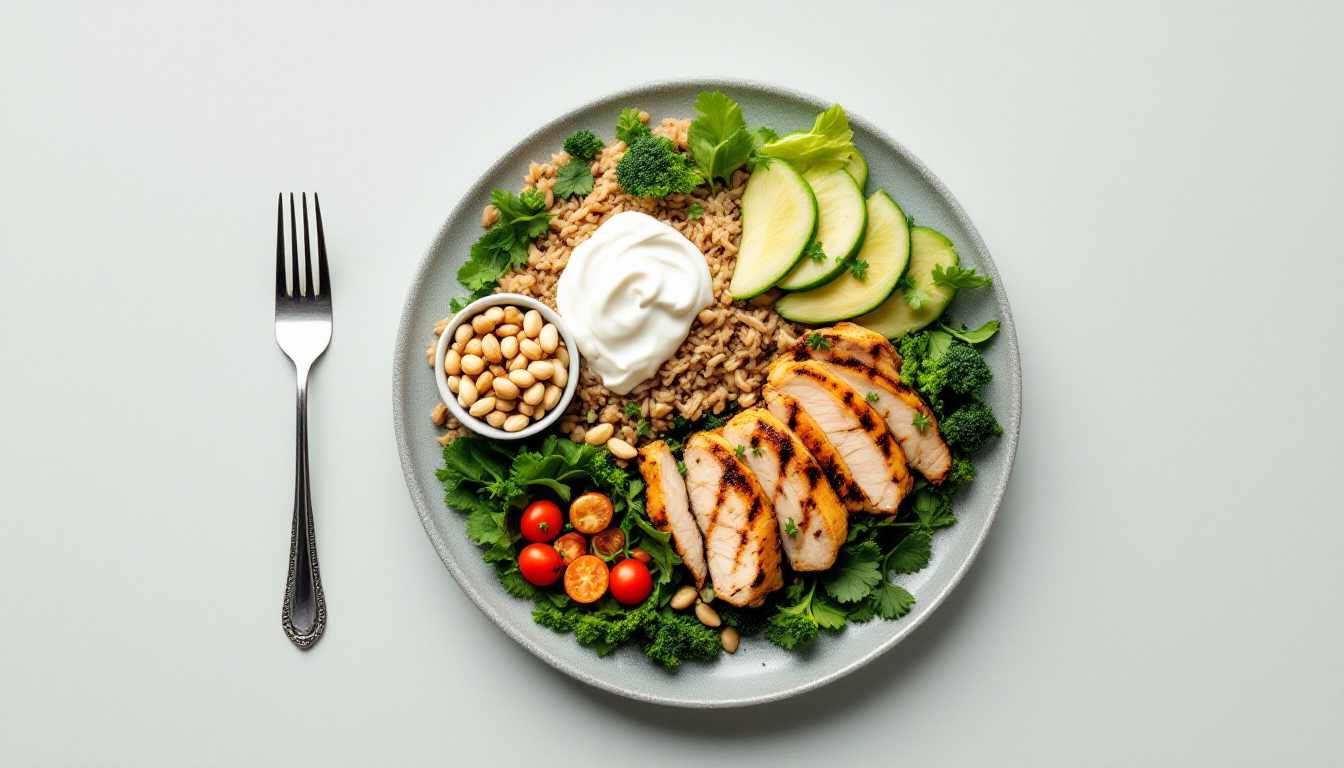 현미밥, 닭가슴살, 채소, 그릭요거트, 견과류가 균형 있게 배치된 건강한 식단 사진