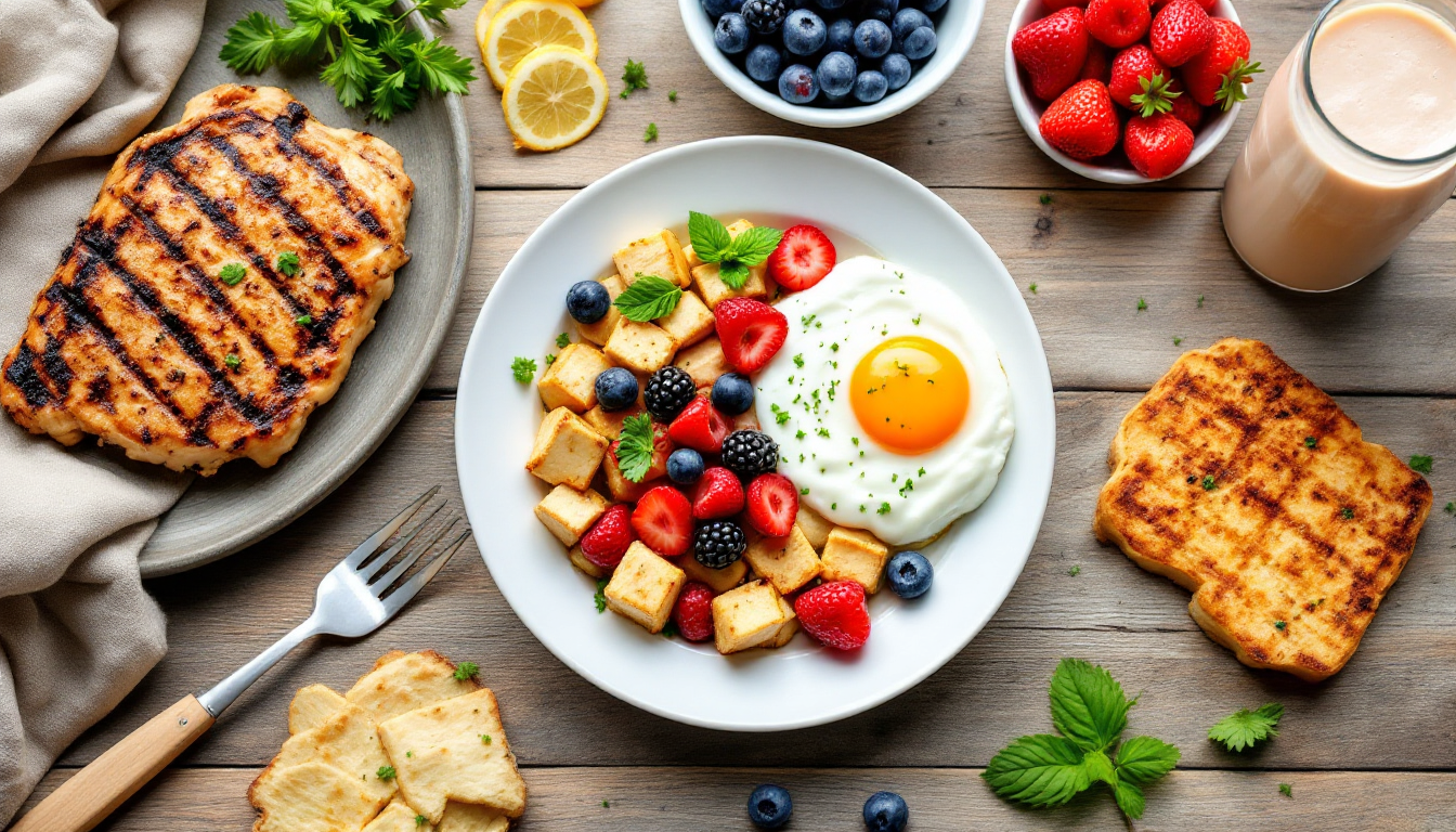 건강한 단백질 식품들이 놓인 식탁 위의 모습