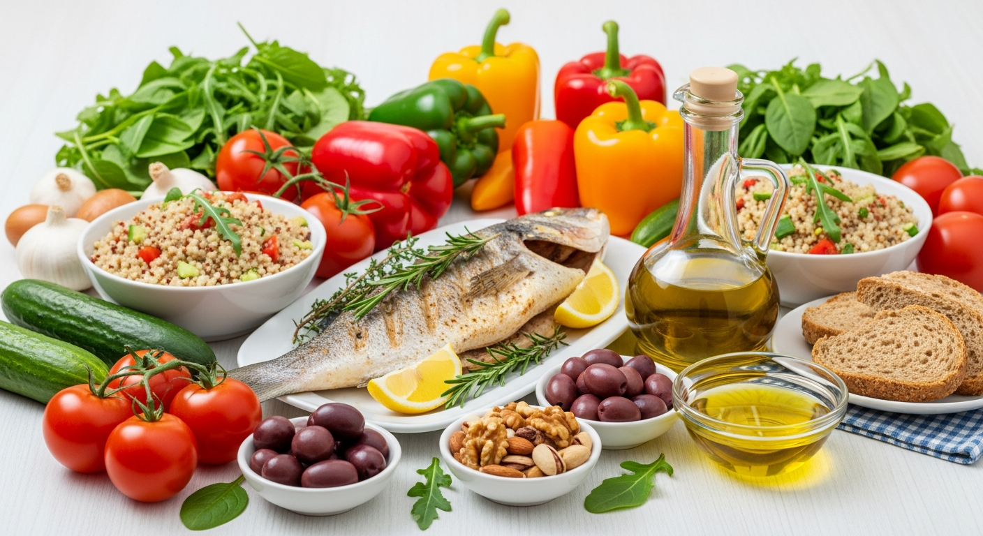 심장 건강에 좋은 지중해식 식단이 차려진 식탁의 모습