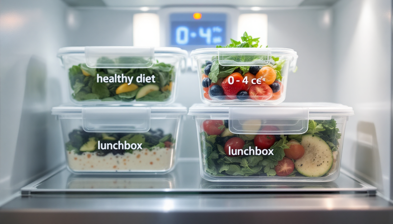 다이어트 도시락의 냉장 보관법과 신선도 유지를 위한 드레싱 분리 보관을 설명하는 이미지