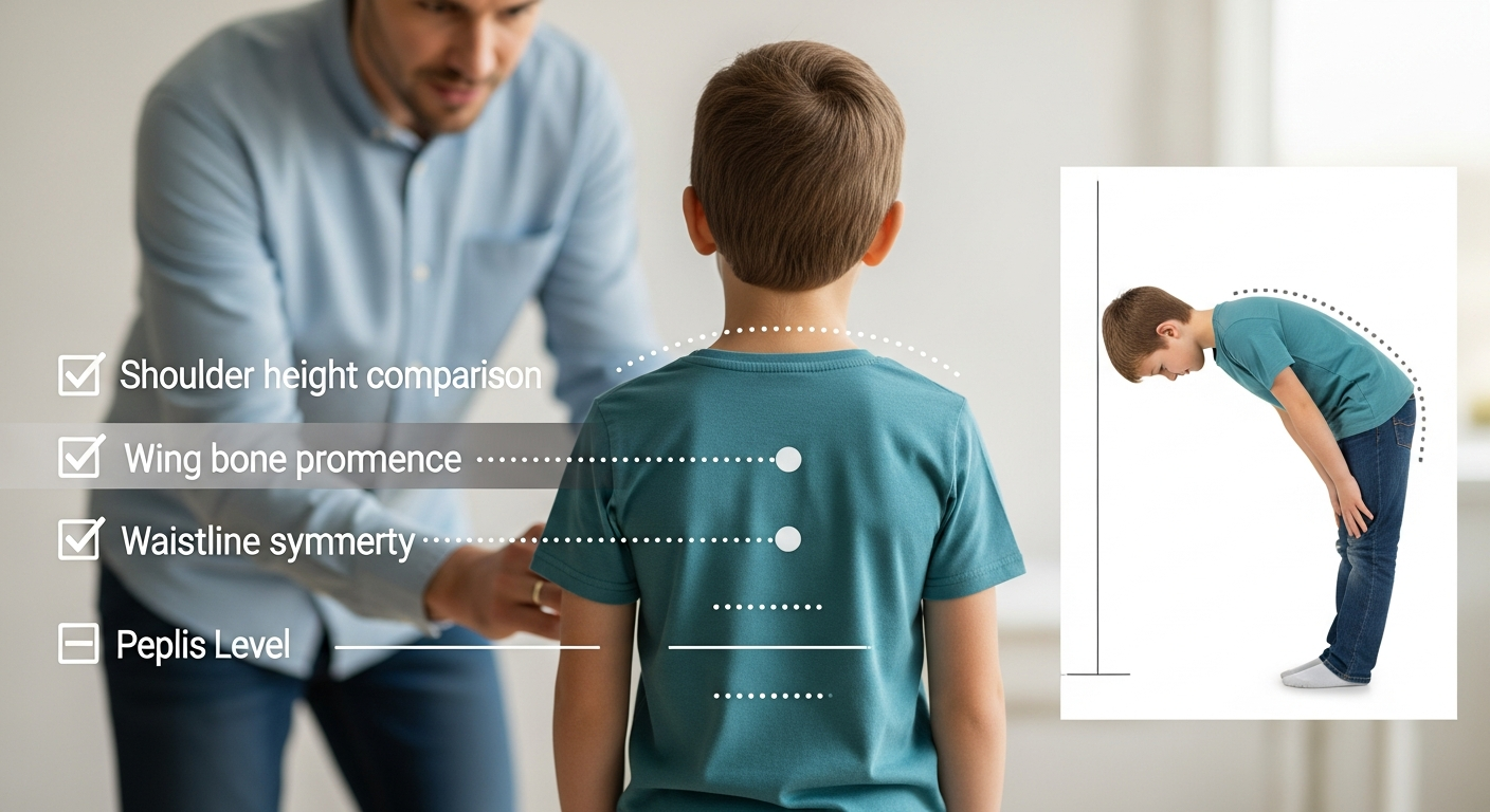 부모가 아이의 척추를 관찰하며 자가진단 체크리스트를 확인하는 모습