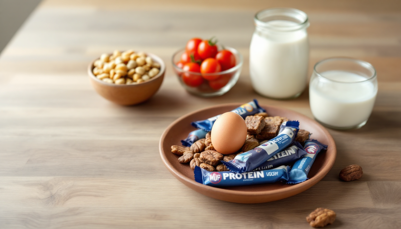 건강한 다이어트 간식으로 적합한 견과류, 방울토마토, 삶은 계란, 단백질 바, 플레인 요거트