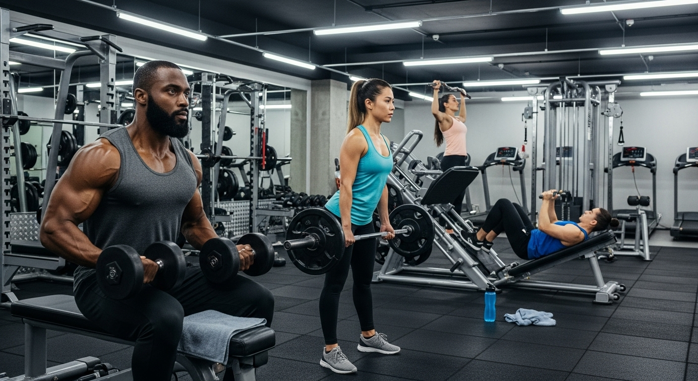 헬스장에서 다양한 사람들이 집중하여 근력 운동을 하는 모습