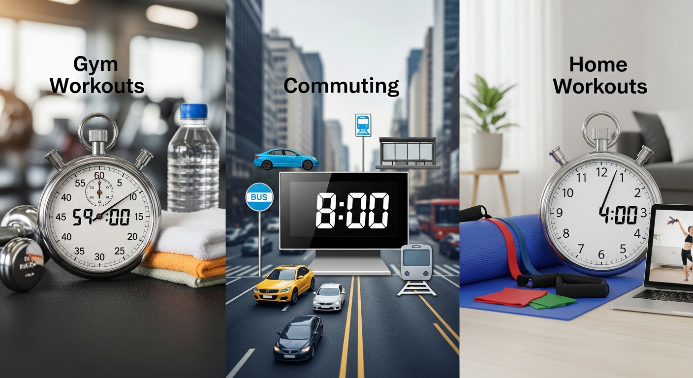 헬스장 운동과 왕복 이동 시간 대비 집 운동의 시간 효율성을 비교하는 이미지