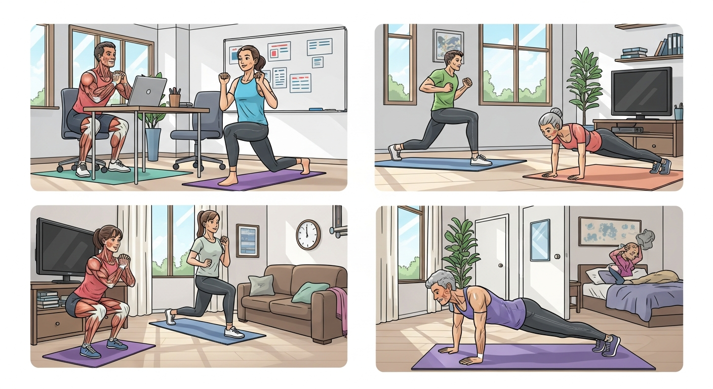 사무실 또는 집에서 하는 스쿼트, 런지, 플랭크 같은 맨몸 근력 운동 모습