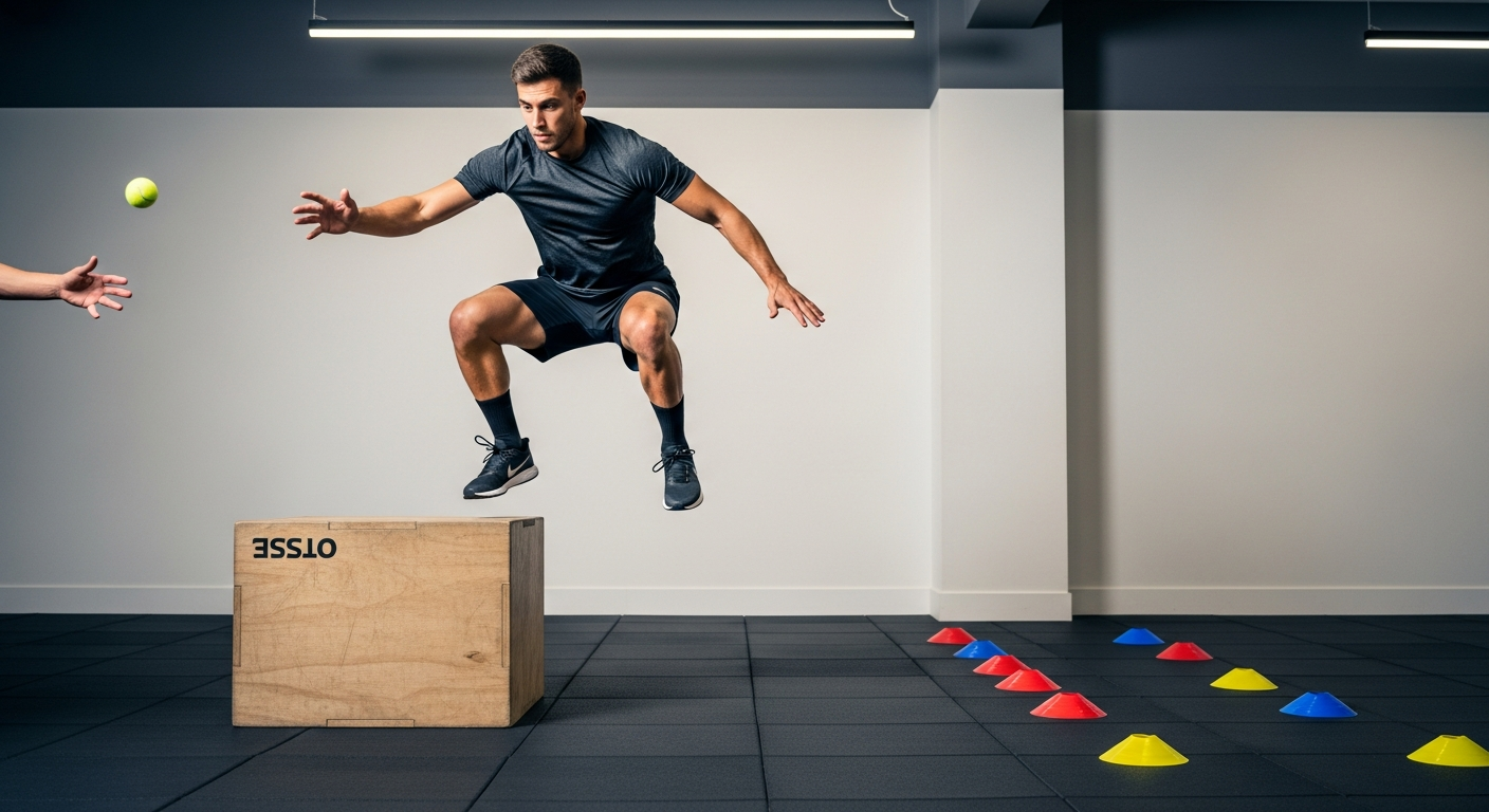 플라이오메트릭 박스 점프와 운동선수 리액션 드릴 수행 장면