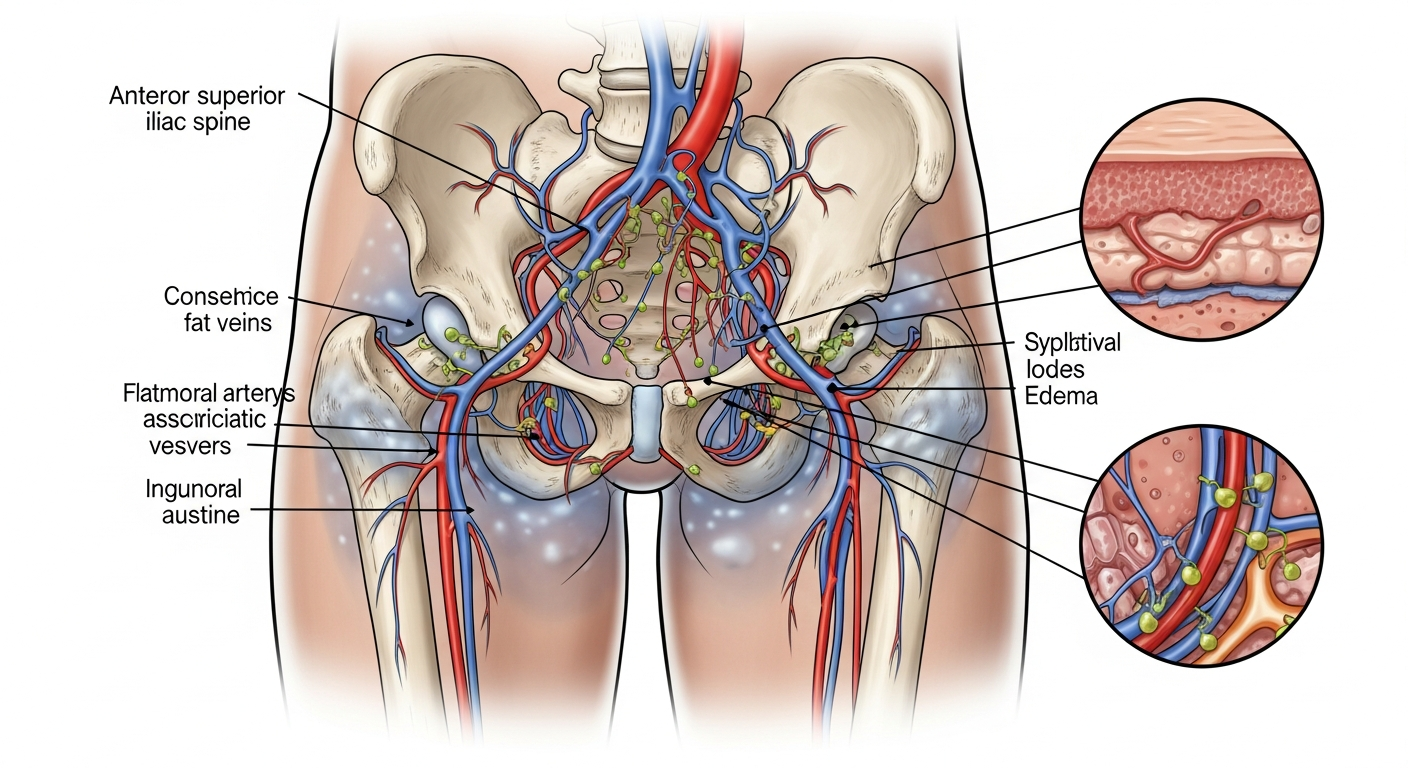 틀어진 골반이 혈관과 림프절을 압박하여 혈액순환과 림프 순환이 저하되는 상황을 보여주는 의료 일러스트