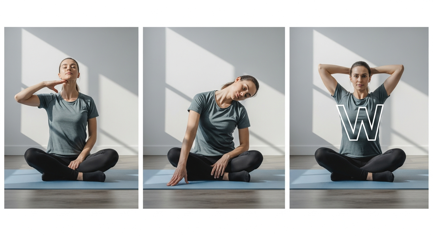 목 통증 예방을 위한 턱 당기기 운동과 목 옆으로 기울이기, W 스트레칭 동작을 하는 모습