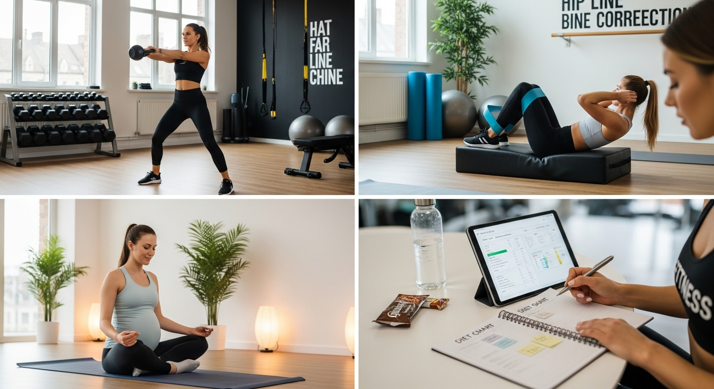 여성 전문 다이어트 PT 프로그램들의 다양한 운동 장면과 식단 계획 모습