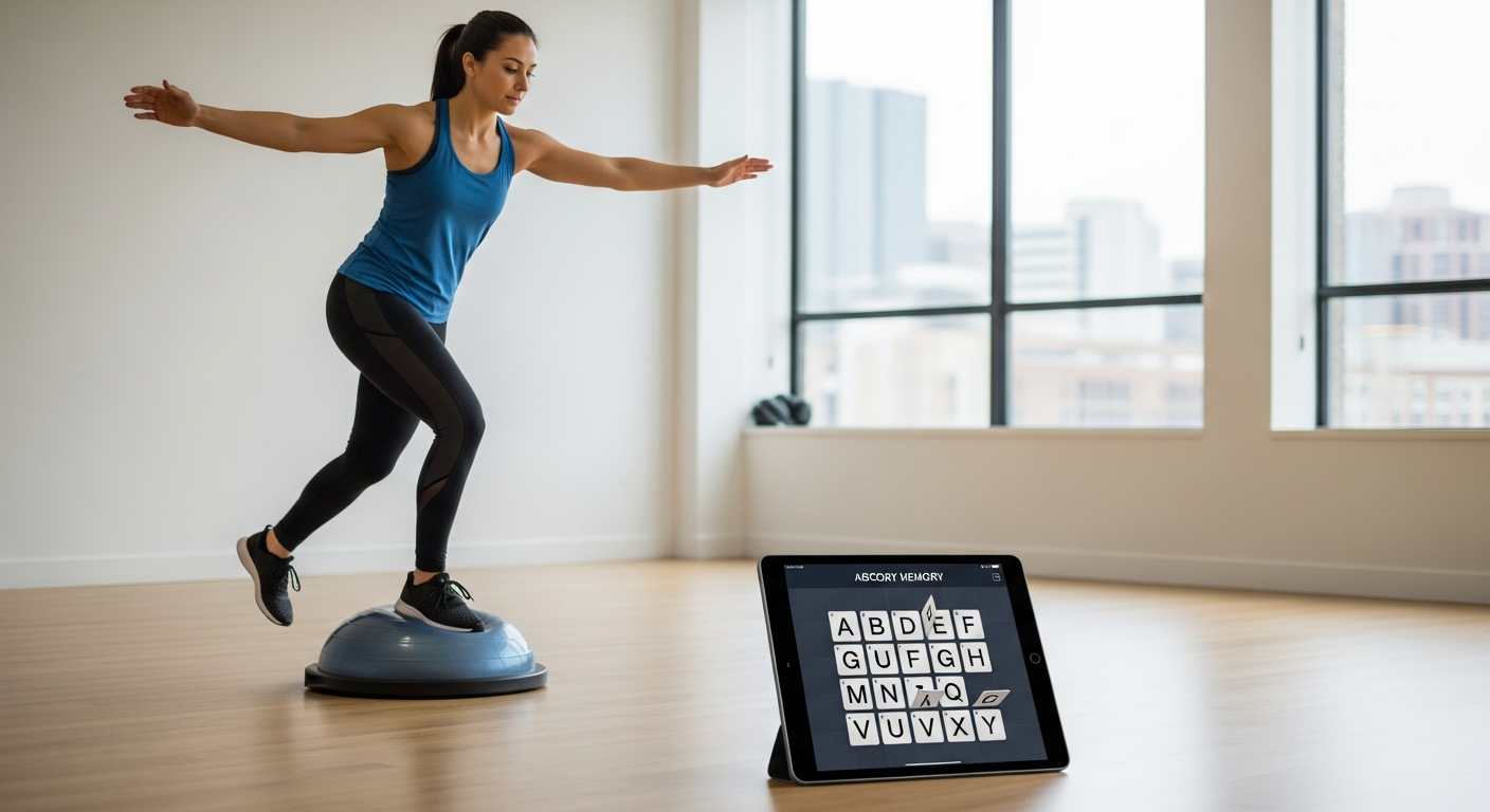 알파벳 게임을 하며 불안정한 지면에서 균형 운동을 하는 고급 인지-운동 통합 훈련 모습