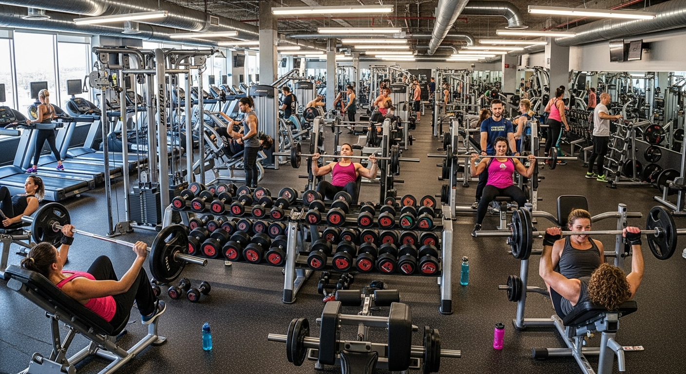 다양한 중량 기구들이 있는 활기찬 헬스장 내부와 집중하는 사람들 모습