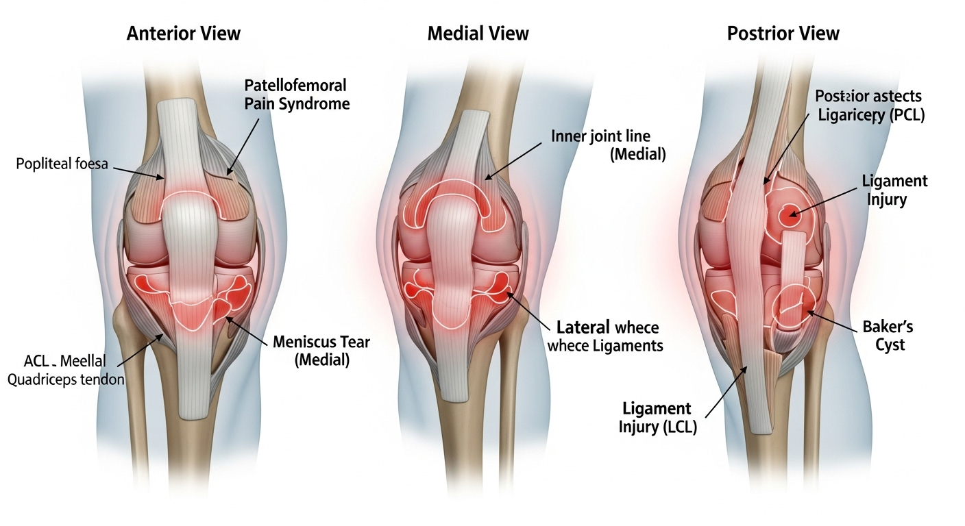 무릎의 통증 부위와 관련 질환을 보여주는 무릎 해부도
