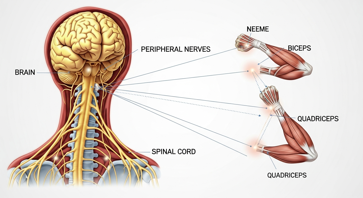 중추신경계와 말초신경계가 근육으로 신호를 전달하는 해부학적 구조 이미지