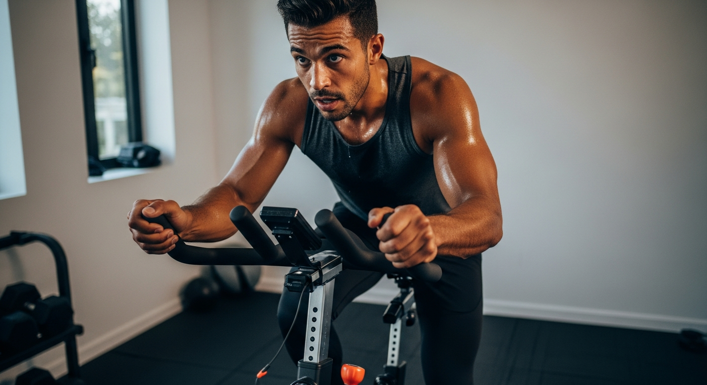 집이나 체육관에서 10분간 고강도 인터벌 트레이닝을 하는 직장인 모습