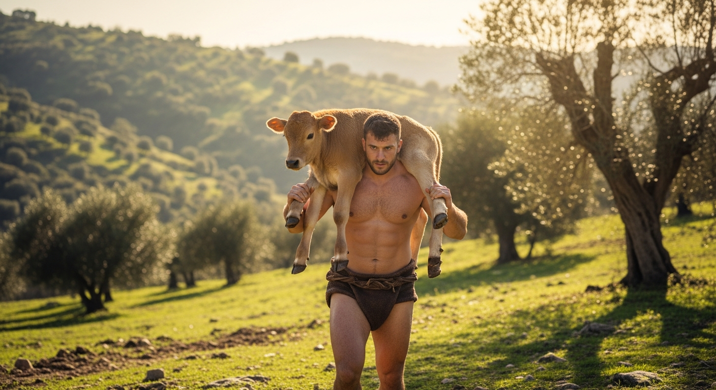 고대 그리스 레슬러가 자라는 송아지를 어깨에 메고 있는 모습