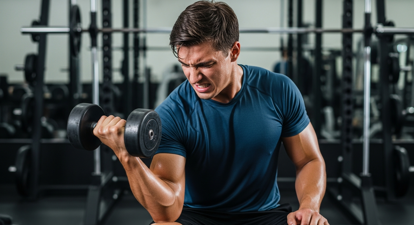 헬스장에서 근육 정체기를 겪는 사람의 모습을 실감나게 표현한 이미지