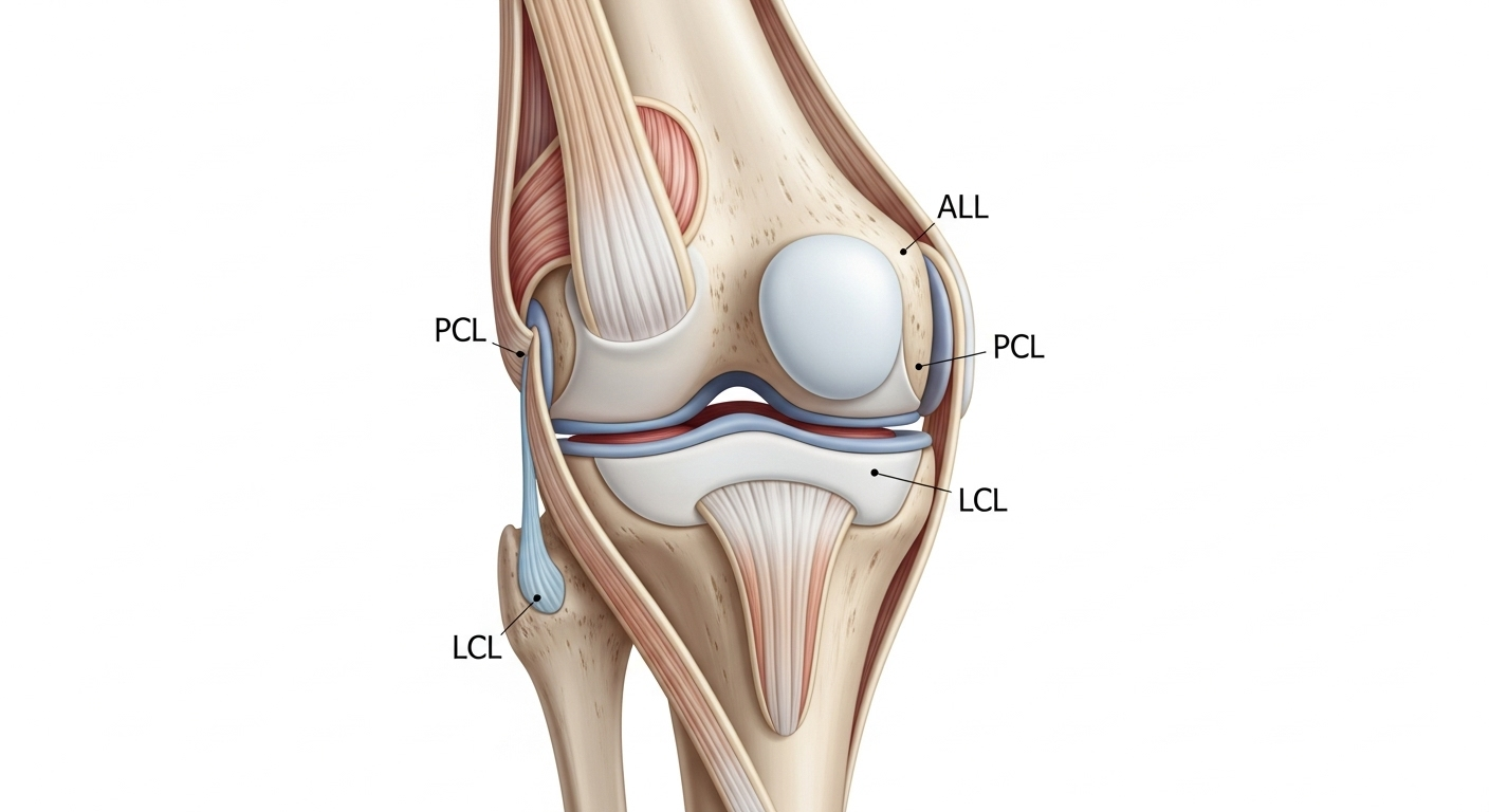 무릎 관절의 해부학적 구조를 자세히 보여주는 실사진 스타일의 이미지