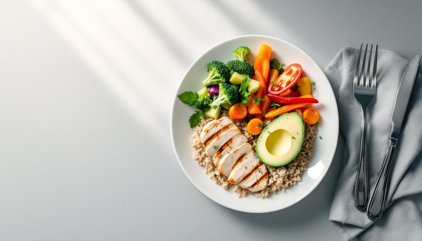 다이어트 도시락의 균형 잡힌 식단 구성과 영양 정보를 표현한 이미지