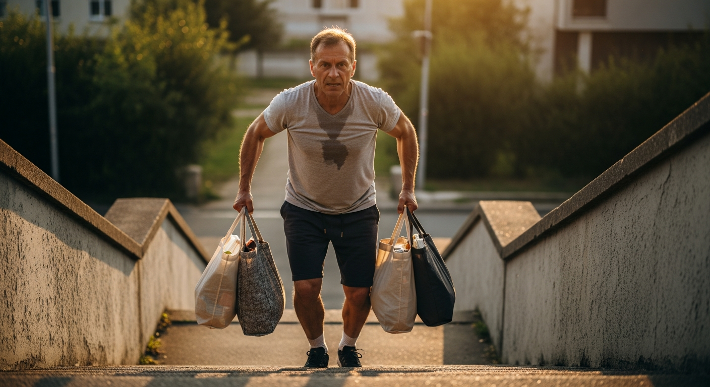 근감소증 증상을 겪는 50대 이상의 중년 남성이 장을 들고 계단을 오르며 약간의 피로를 느끼는 모습