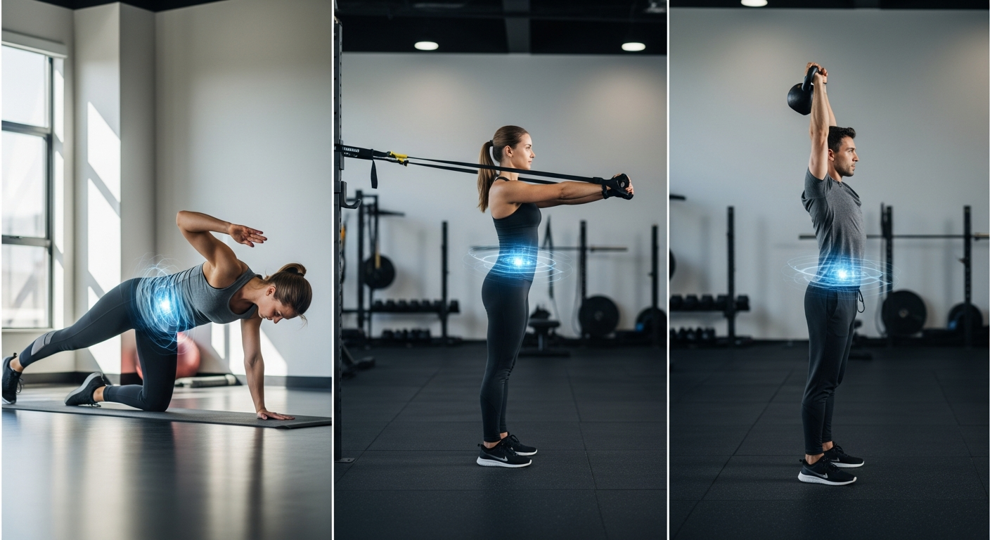코어 운동 신경계 자극을 위한 버드독, 팔로프 프레스, 터키시 겟업 운동 수행 장면