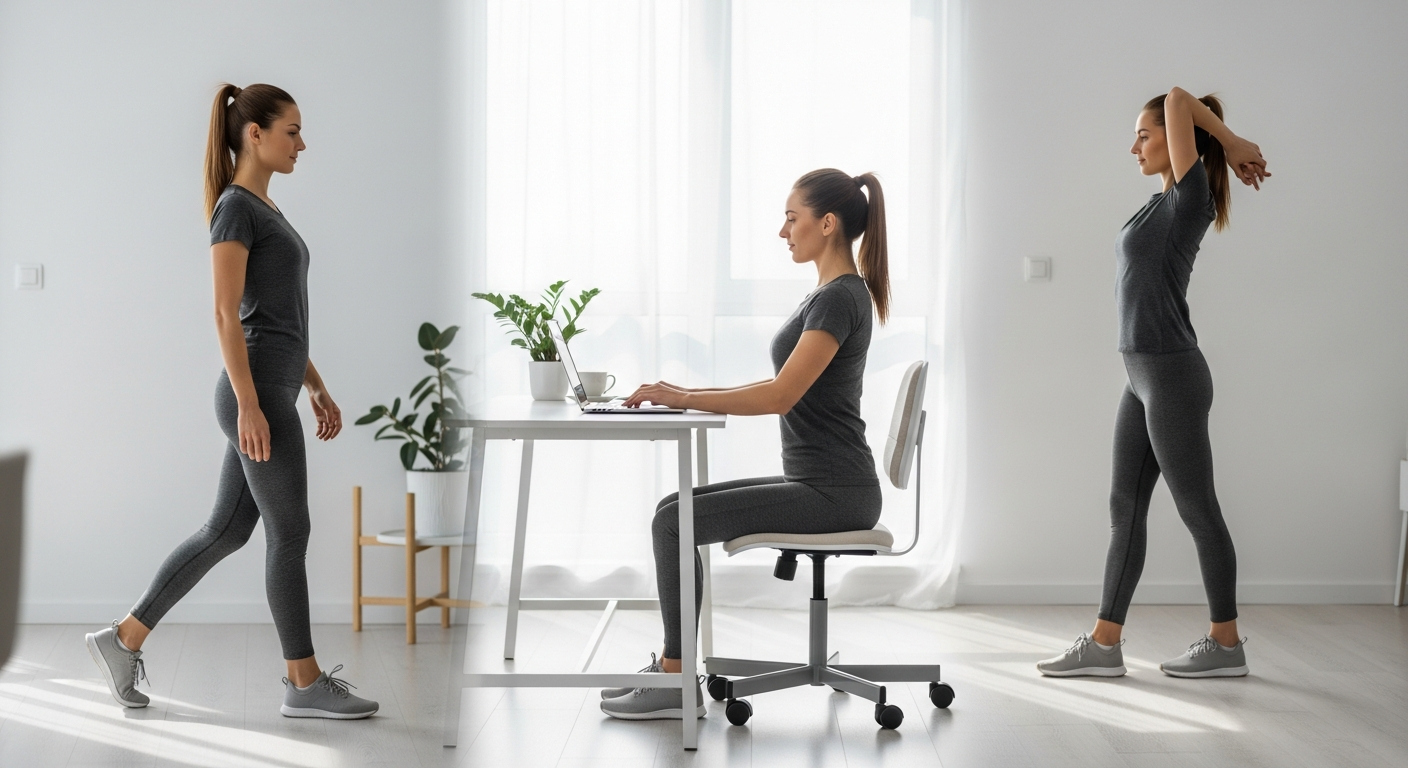 바른 자세를 유지하며 일상 속에서 건강 습관을 실천하는 여성