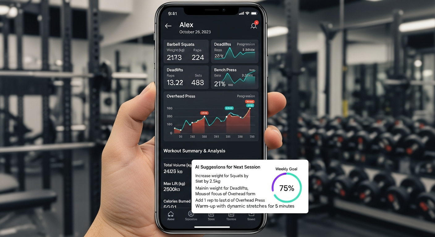 AI가 맞춤 운동 계획과 점진적 과부하 원리에 따라 운동 계획과 진행 상황을 진화시키는 스마트폰 앱 화면