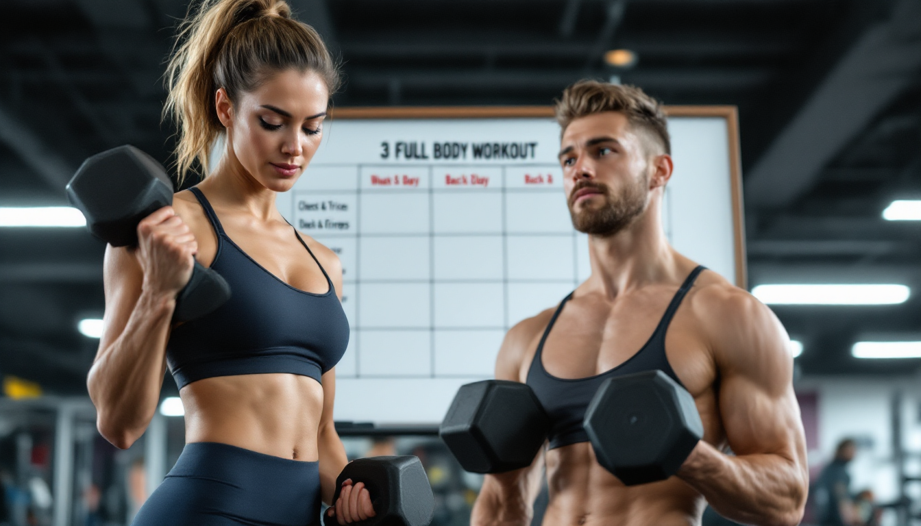 여성 초보자가 헬스장에서 덤벨과 기구를 사용하여 전신 무분할 루틴을 수행하는 모습과 주간 운동 계획표