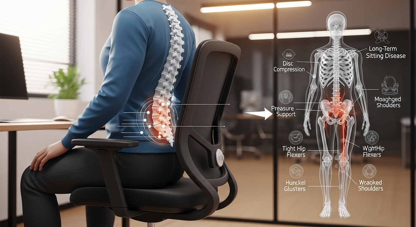 올바른 자세로 앉아 허리 건강에 도움이 되는 인체공학적 의자를 사용하는 사람의 모습