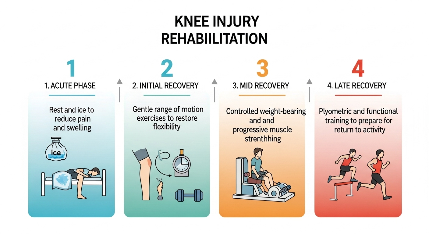 무릎 부상 회복을 위한 4단계 재활 운동 인포그래픽