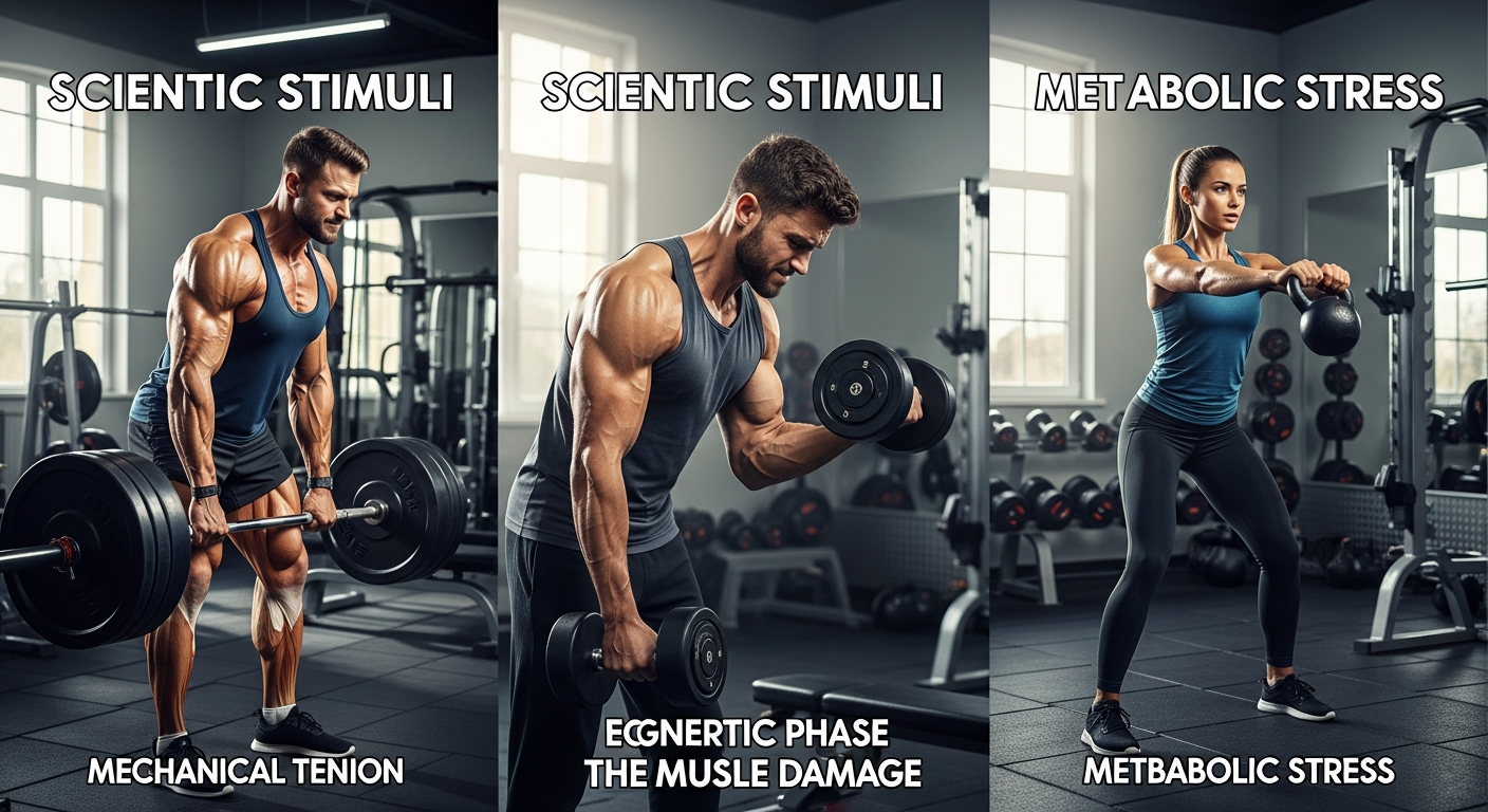 근육 성장을 위한 기계적 긴장, 근육 손상, 대사 스트레스 삼박자를 보여주는 운동 장면 이미지